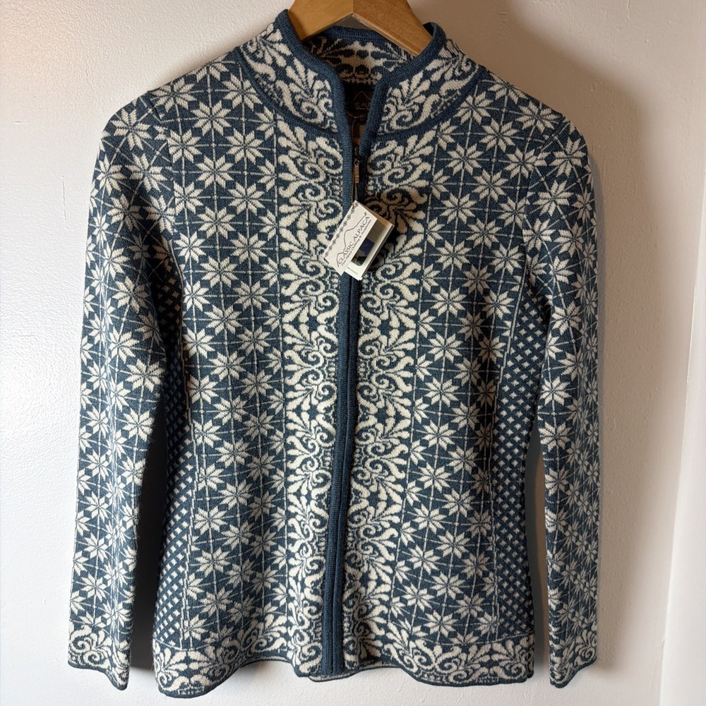 NWT Classic Alpaca Nordic Snowflake Blue White 100% Baby Alpaca Zip Up Sz S